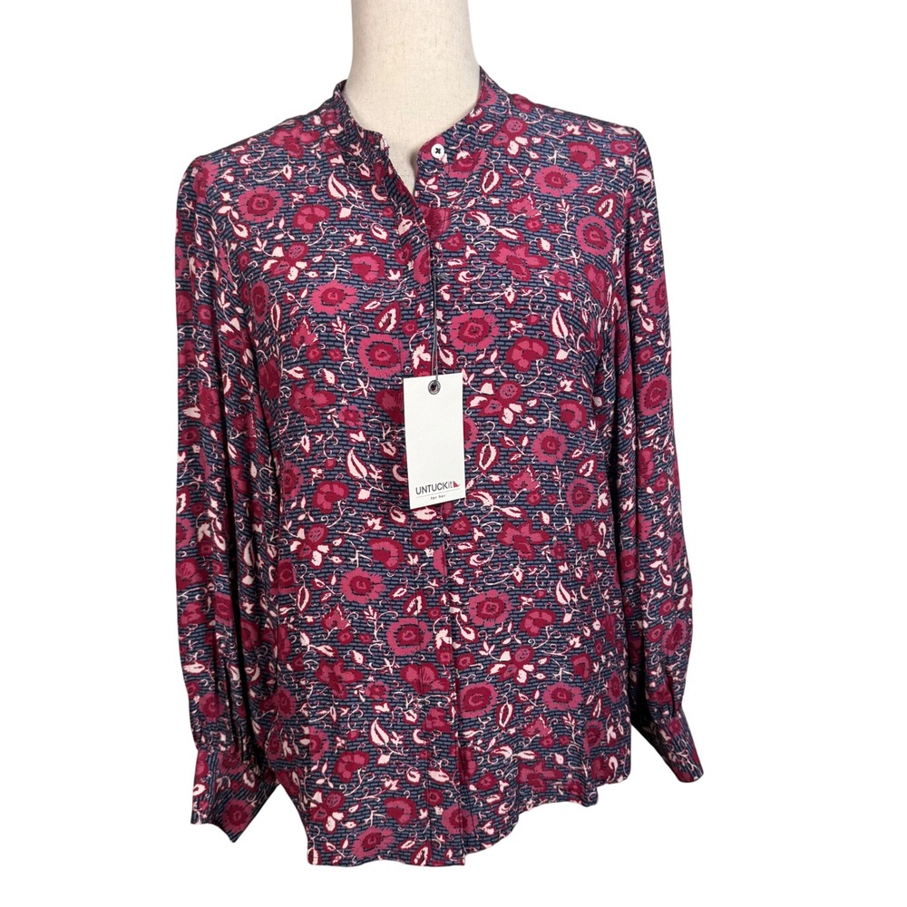 UNTUCKit Gemma Shirt Women 8 Navy Red Floral Button Down Blouse Boho Classic New
